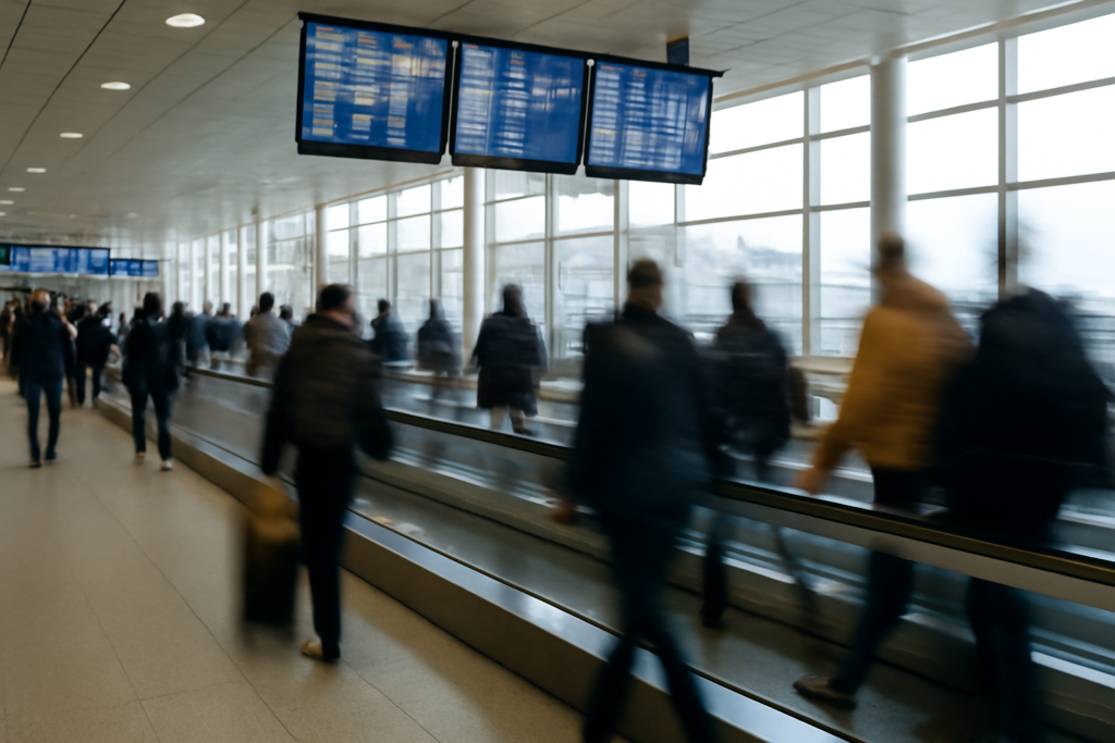 Suasana area transit bandara dengan penumpang berjalan menuju gate
