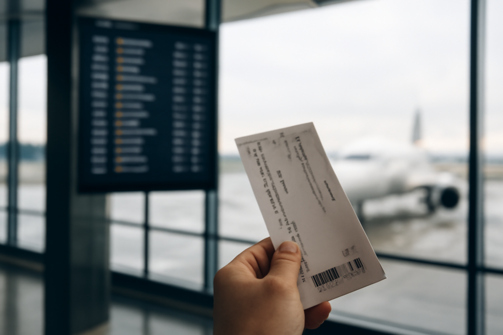 Penumpang membaca boarding pass di depan layar informasi keberangkatan bandara transit