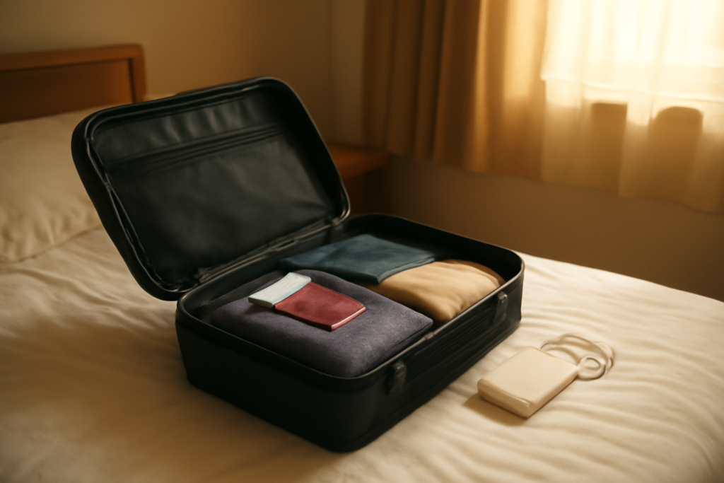 Tas kabin terbuka dengan paspor, boarding pass, dan power bank yang disiapkan sebelum transit