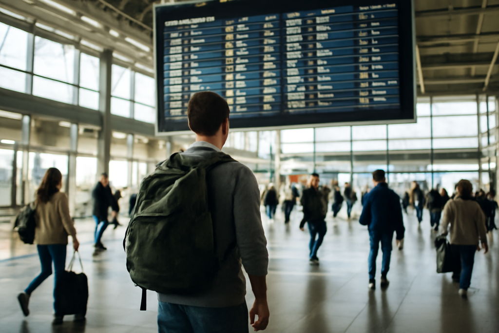 Seorang pemula melihat papan informasi di bandara saat transit