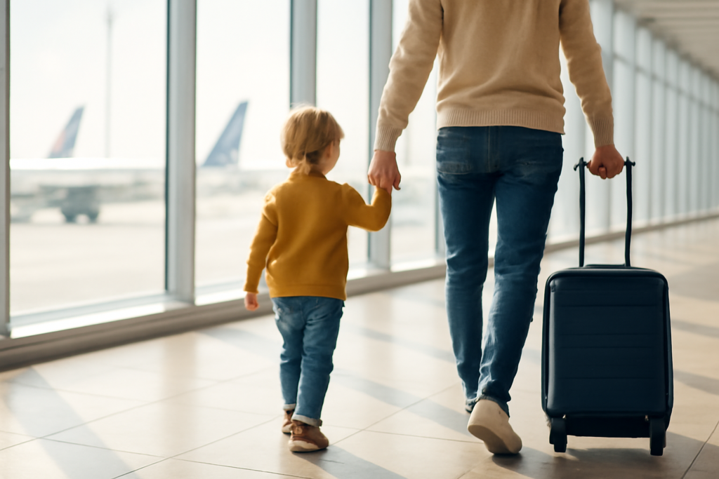 Orang tua dan anak berjalan di terminal transit bandara sambil membawa koper kecil